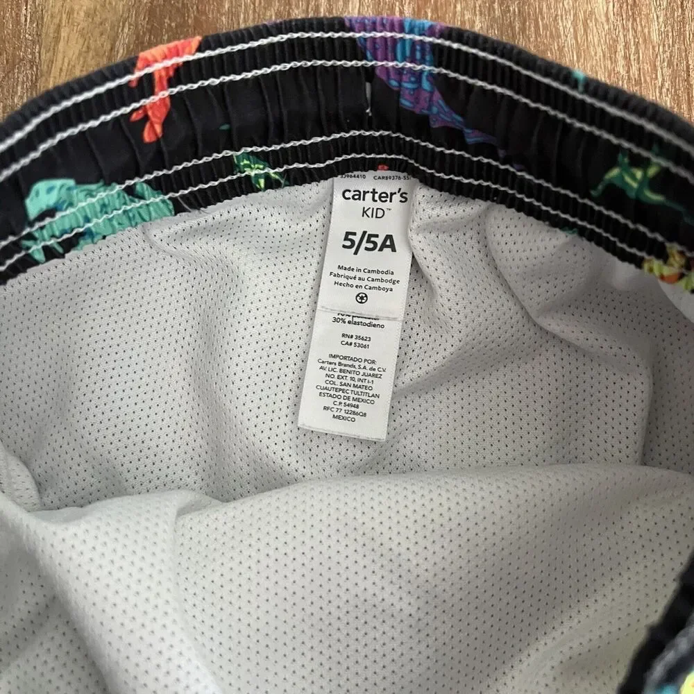 Carter’s Boys Colorful Dinosaur Print Swim Trunks – Size 5/5A Black